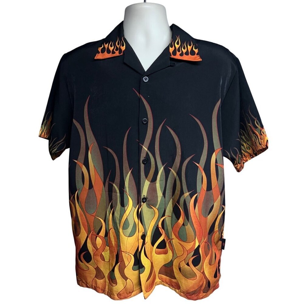 Dragonfly Black Vintage Graphic Flames Retro Rockabilly Button Up Shirt Small